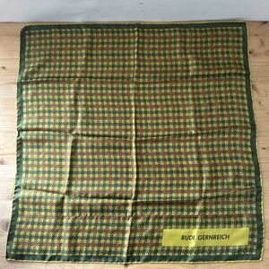 Rudi Gernreich Silk Scarf Vtg 1960s MCM Green/Brown Checked Made in Japan 23" Sq